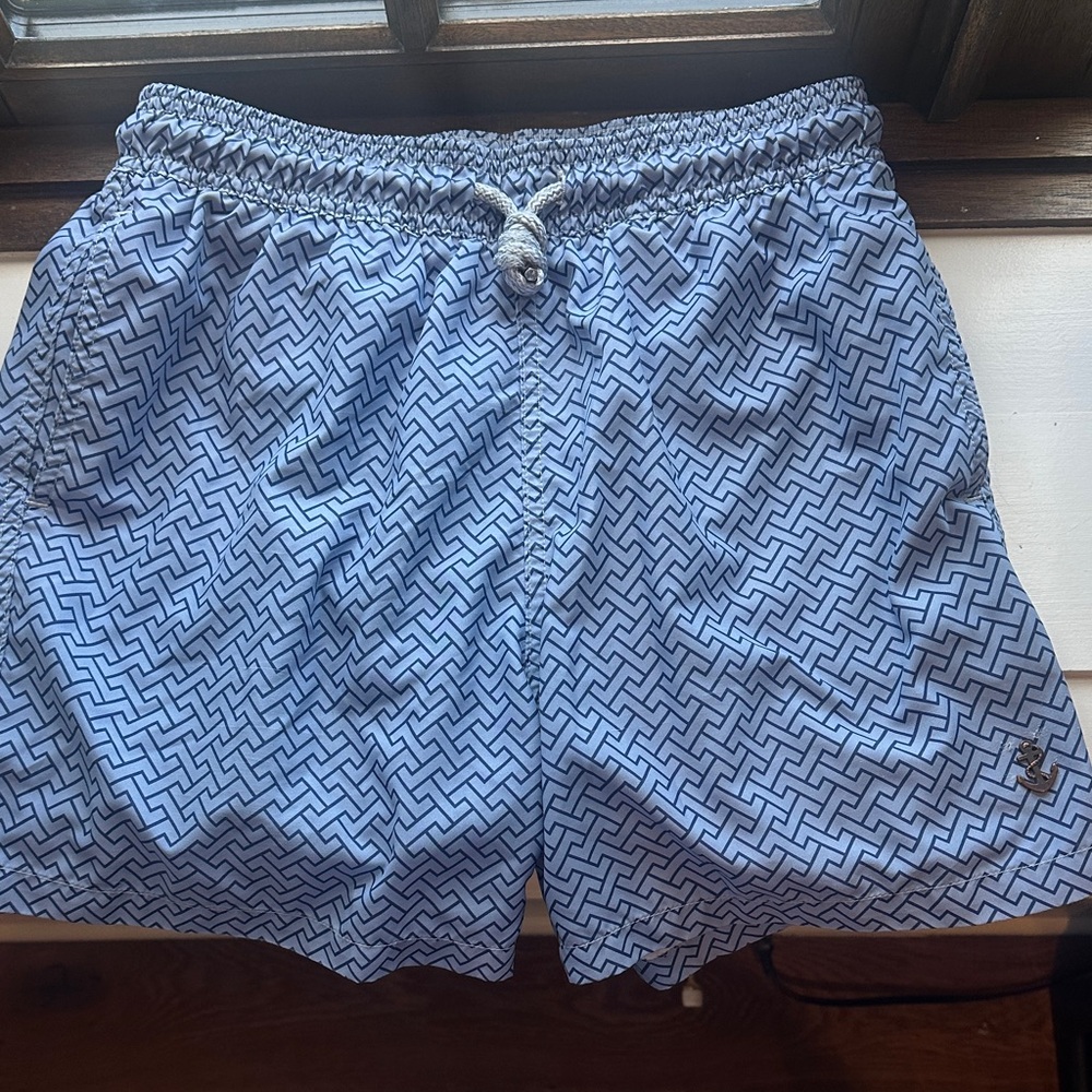 Retromarine Blue Gingham Swim Trunks with Elastic Waistband